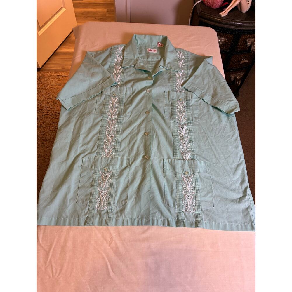 Haband Shirt Mens XL Mint Green Embroidered Guayabera Button Up Short Sleeve